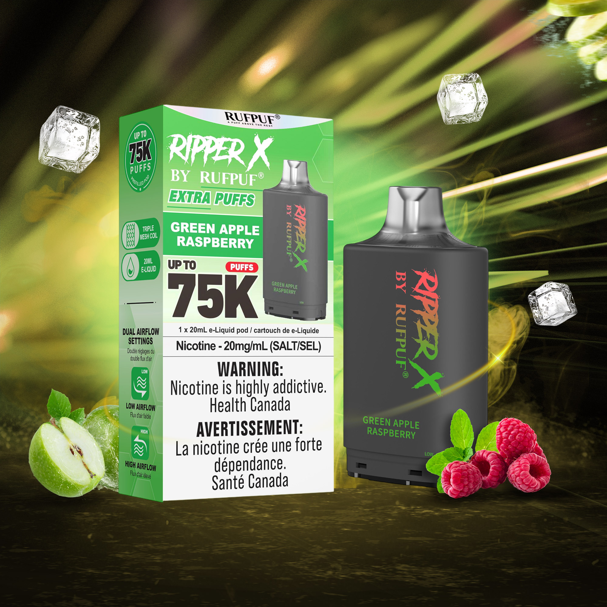 Green Apple Raspberry RIPPER X 75K (Pod Only) <b Style="color:red">(Tax Incl.)</b>